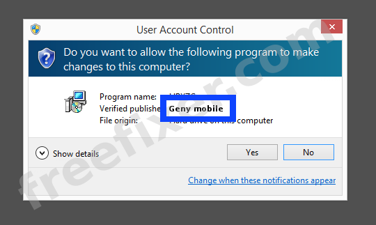 Screenshot where Geny mobile appears as the verified publisher in the UAC dialog